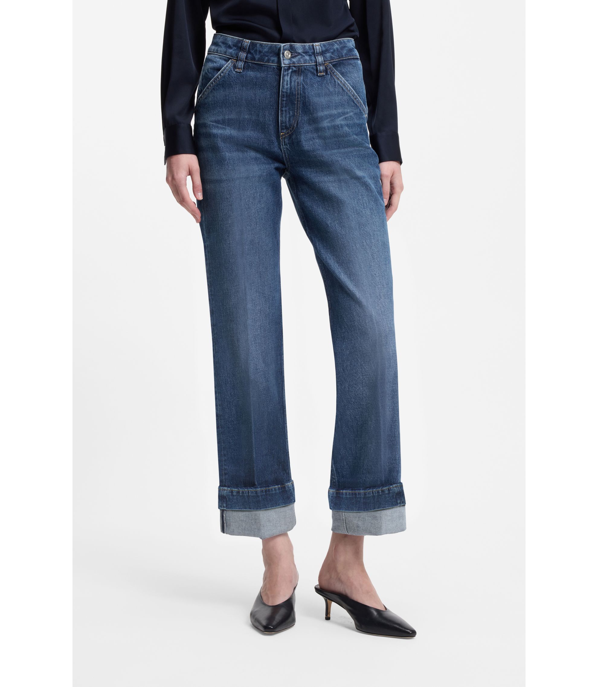 Slim-Fit Jeans aus indigoblauem Stretch-Denim mit umgeschlagenen Hosensäumen