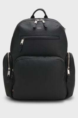 Italian-leather backpack with zipped side pockets, Black