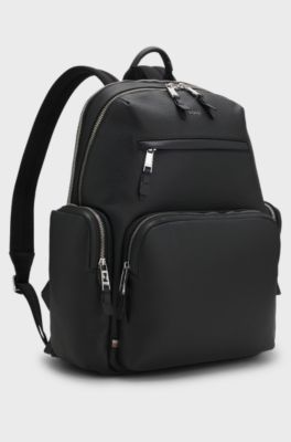 Italian-leather backpack with zipped side pockets, Black
