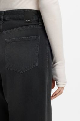 Jeans boyfriend fit in denim rigido grigio, Nero