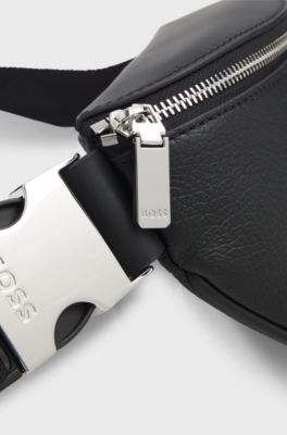 Grained Italian-leather belt bag with embossed logo, Black