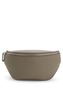 Grained Italian-leather belt bag with embossed logo, Light Brown