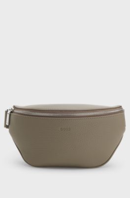 Grained Italian-leather belt bag with embossed logo, Light Brown