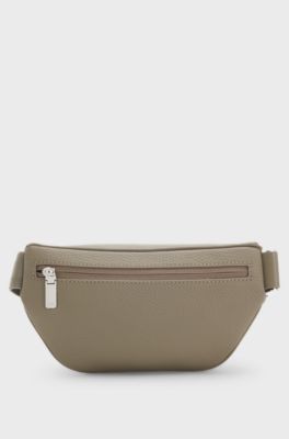 Grained Italian-leather belt bag with embossed logo, Light Brown