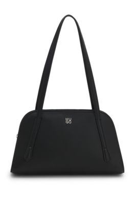 Grained faux-leather shoulder bag with stacked-logo hardware, Black