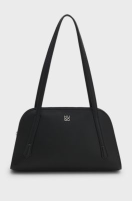 Grained faux-leather shoulder bag with stacked-logo hardware, Black