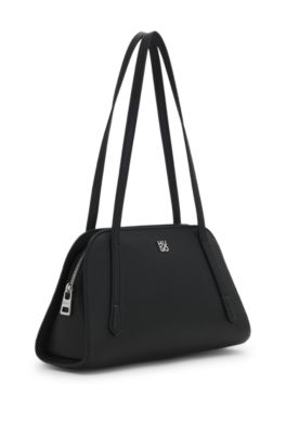Grained faux-leather shoulder bag with stacked-logo hardware, Black