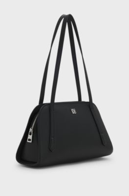 Grained faux-leather shoulder bag with stacked-logo hardware, Black