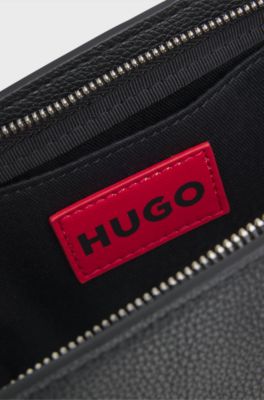 Grained faux-leather shoulder bag with stacked-logo hardware, Black