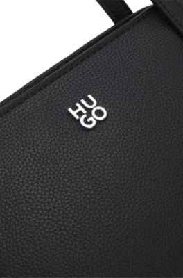 Grained faux-leather shoulder bag with stacked-logo hardware, Black