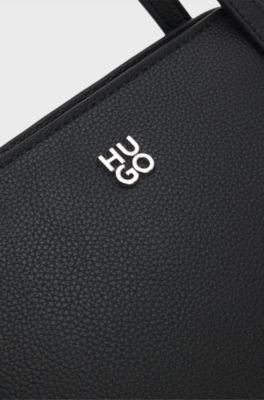 Grained faux-leather shoulder bag with stacked-logo hardware, Black