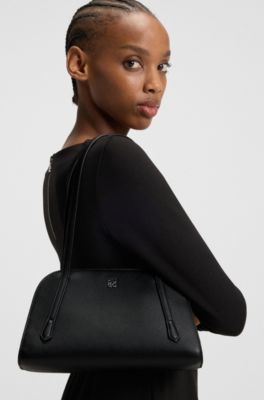 Grained faux-leather shoulder bag with stacked-logo hardware, Black