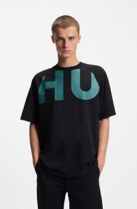Loose-fit T-shirt in cotton jersey with wraparound logo, Black