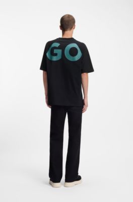 Loose-fit T-shirt in cotton jersey with wraparound logo, Black