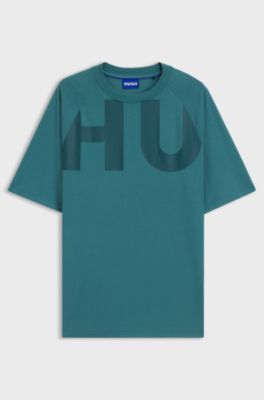 Loose-fit T-shirt in cotton jersey with wraparound logo, Turquoise