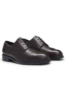 Printed-leather Derby shoes with cap toe, Dark Brown