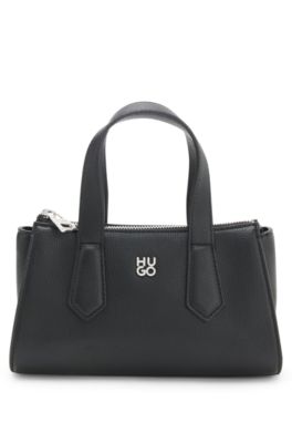 Grained faux-leather shoulder bag with stacked-logo hardware, Black