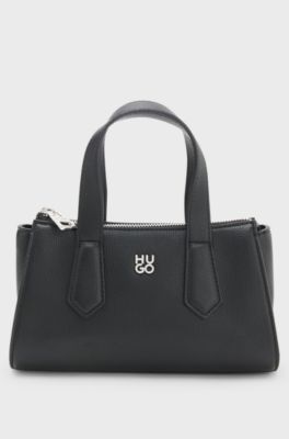Grained faux-leather shoulder bag with stacked-logo hardware, Black