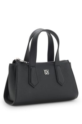 Grained faux-leather shoulder bag with stacked-logo hardware, Black