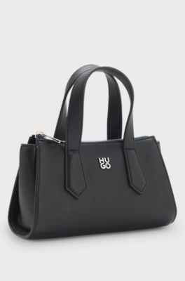 Grained faux-leather shoulder bag with stacked-logo hardware, Black