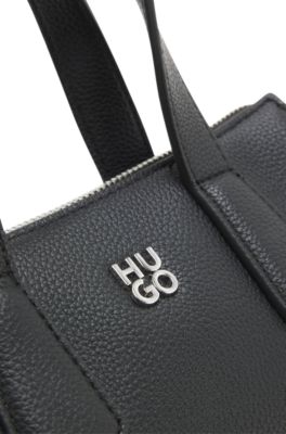 Grained faux-leather shoulder bag with stacked-logo hardware, Black