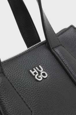 Grained faux-leather shoulder bag with stacked-logo hardware, Black