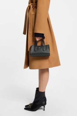 Grained faux-leather shoulder bag with stacked-logo hardware, Black