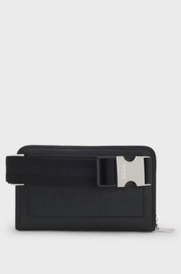 G&uuml;rteltasche aus Leder mit glattem und genarbtem Finish, Schwarz
