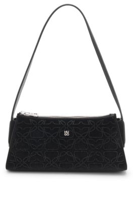 Velvet-touch hobo bag with rhinestone embellishments, Black