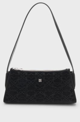 Velvet-touch hobo bag with rhinestone embellishments, Black