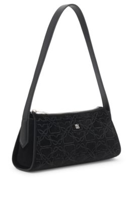 Velvet-touch hobo bag with rhinestone embellishments, Black