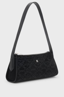 Velvet-touch hobo bag with rhinestone embellishments, Black