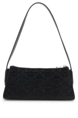 Velvet-touch hobo bag with rhinestone embellishments, Black