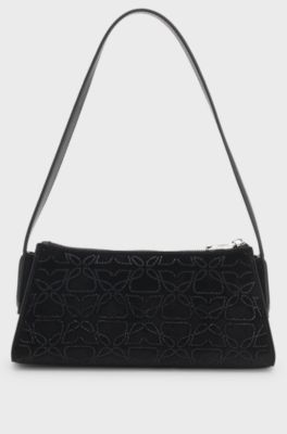 Velvet-touch hobo bag with rhinestone embellishments, Black