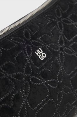 Velvet-touch hobo bag with rhinestone embellishments, Black