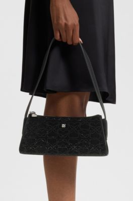 Velvet-touch hobo bag with rhinestone embellishments, Black