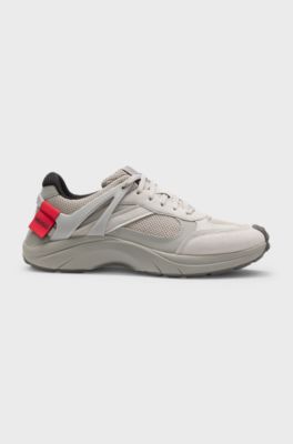 Logo-spoiler trainers in mesh and faux suede, Light Grey