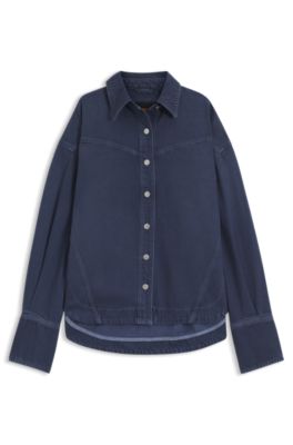 Oversized-fit blouse in smoky-blue rigid denim, Blue