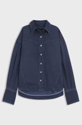Chemisier Oversize en denim rigide bleu fum&eacute;, Bleu