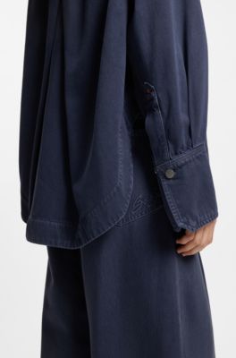 Oversized-fit blouse in smoky-blue rigid denim, Blue