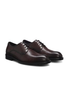 Leather Derby shoes with embossed logo, Dark Brown
