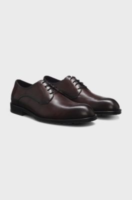 Leather Derby shoes with embossed logo, Dark Brown