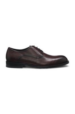 Leather Derby shoes with embossed logo, Dark Brown