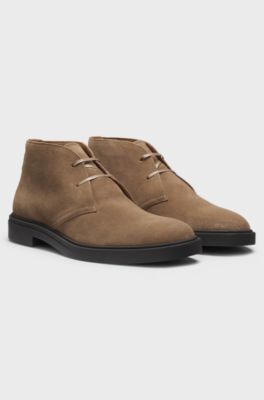 Suede boots with signature-stripe trim, Beige