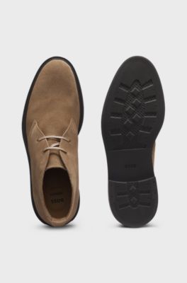 Suede boots with signature-stripe trim, Beige