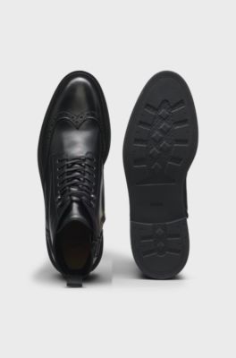 Bottines mi-hautes en cuir &agrave; d&eacute;tails richelieu, Noir