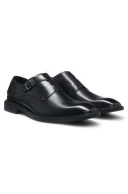 Leather monk shoes with roller buckle, Black