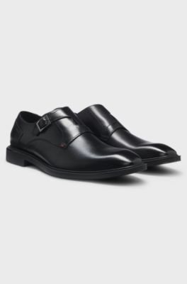Leather monk shoes with roller buckle, Black