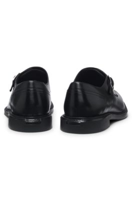 Leather monk shoes with roller buckle, Black