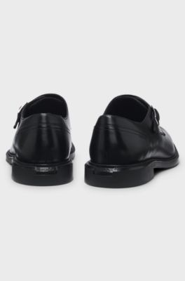 Leather monk shoes with roller buckle, Black